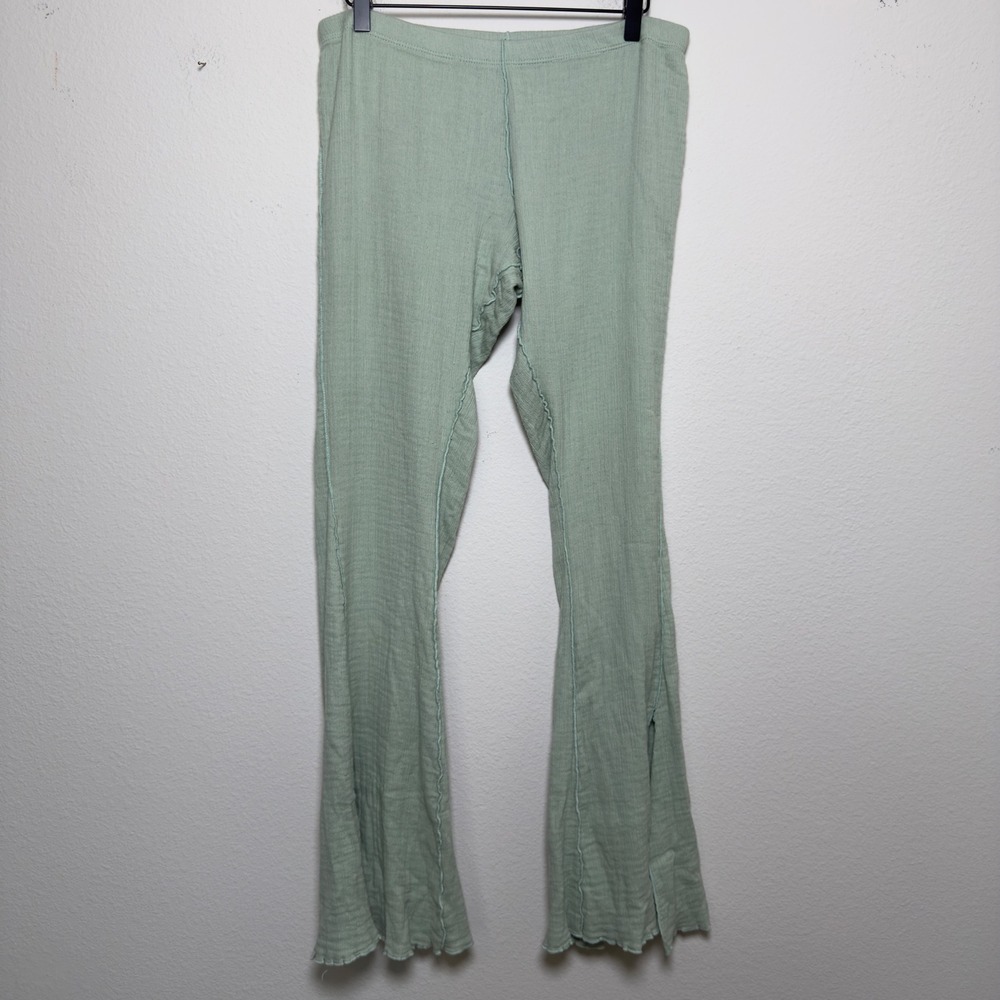 Free People Women Cotton Pants Medium Sage Green Flare Lettuce Edge Gauze